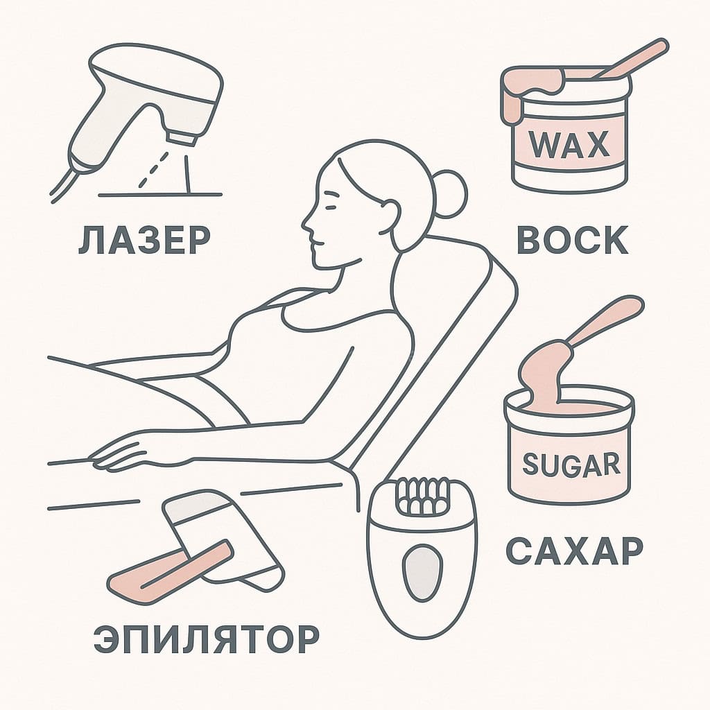 Экспертная инфографика — все виды эпиляции: лазерная, электроэпиляция, фотоэпиляция, шугаринг, воск, эпилятор