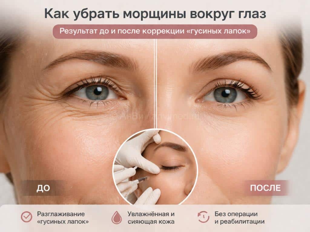 морщины вокруг глаз до и после коррекции гусиные лапки