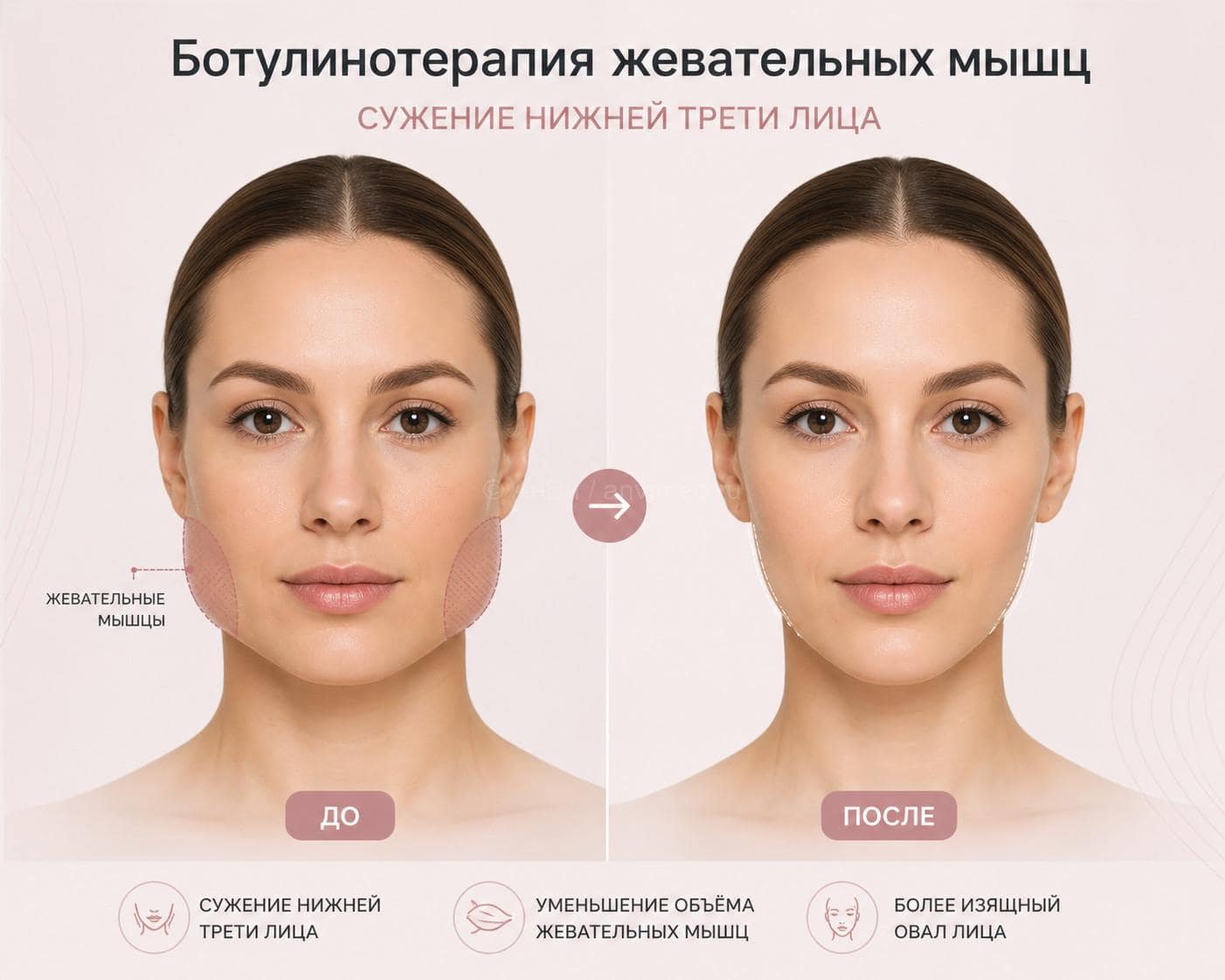 Ботулинотерапия жевательных мышц для худого лица — как сузить лицо и уменьшить нижнюю треть до и после