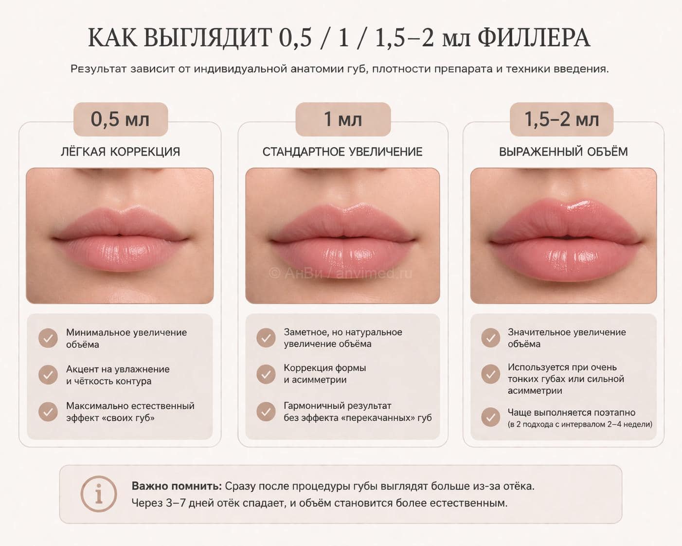 Как выглядит 0,5 мл, 1 мл и 1,5–2 мл филлера в губах — сравнение объёма