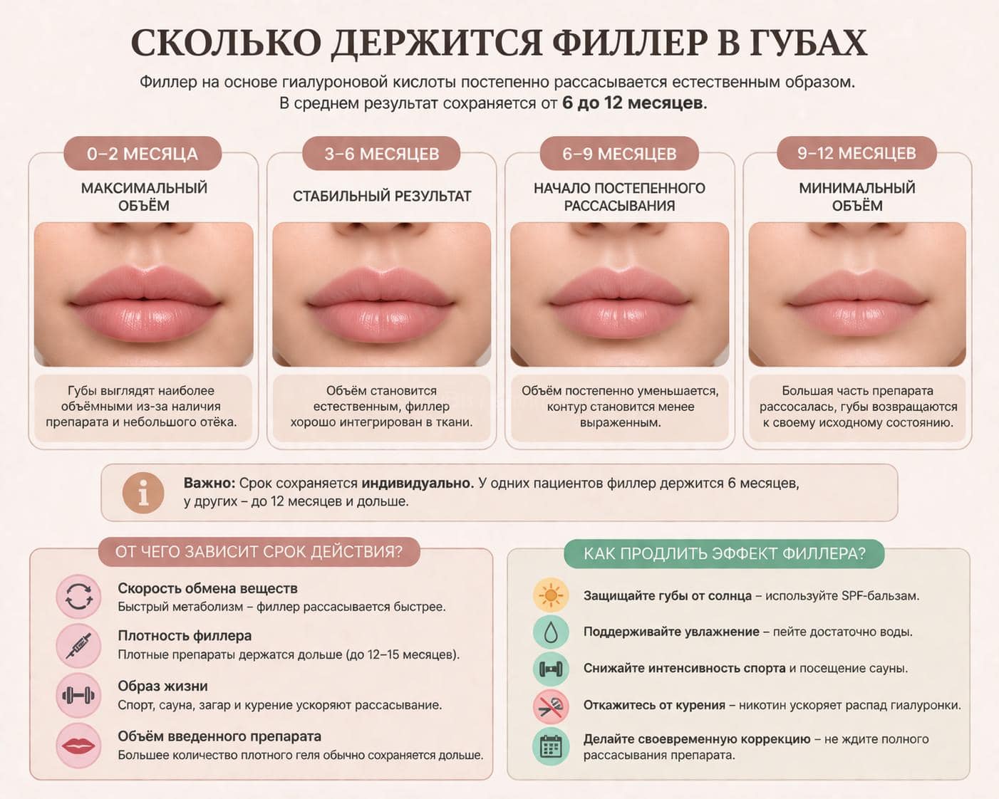 Сколько держится филлер в губах — этапы от 0 до 12 месяцев