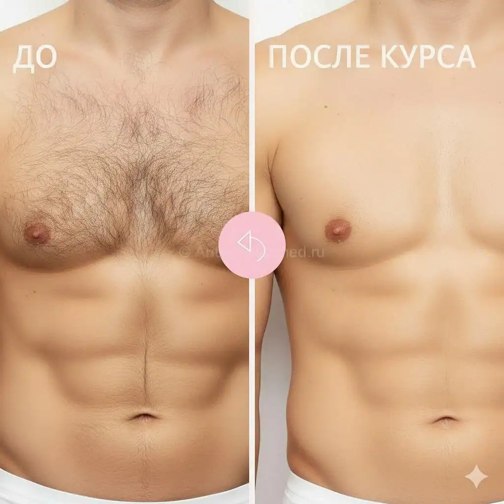 Мужская лазерная эпиляция груди и живота — результат после курса