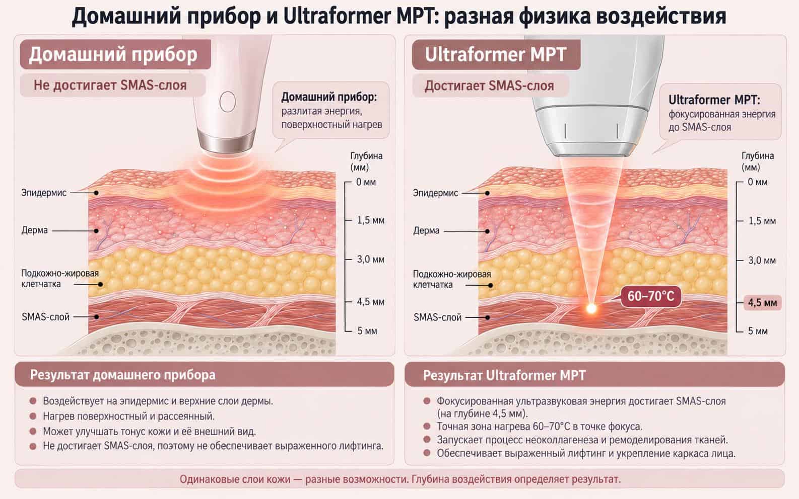 Схема сравнения: домашний прибор не достигает SMAS-слоя, Ultraformer MPT фокусирует энергию на глубине 4,5 мм с нагревом 60-70°C