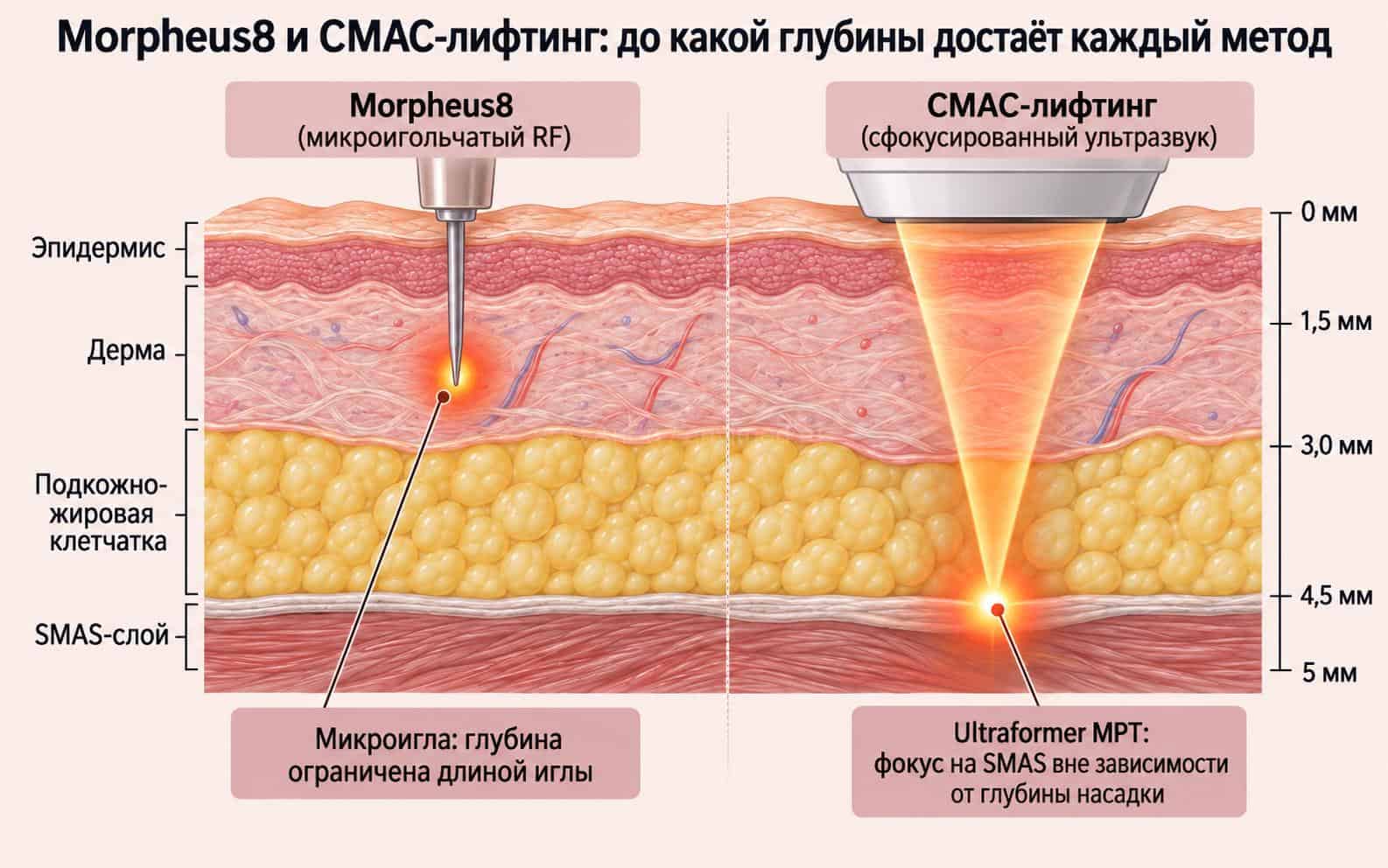 Схема сравнения Morpheus8 и СМАС-лифтинга: глубина микроиглы ограничена её длиной, а фокус Ultraformer MPT достигает SMAS-слоя