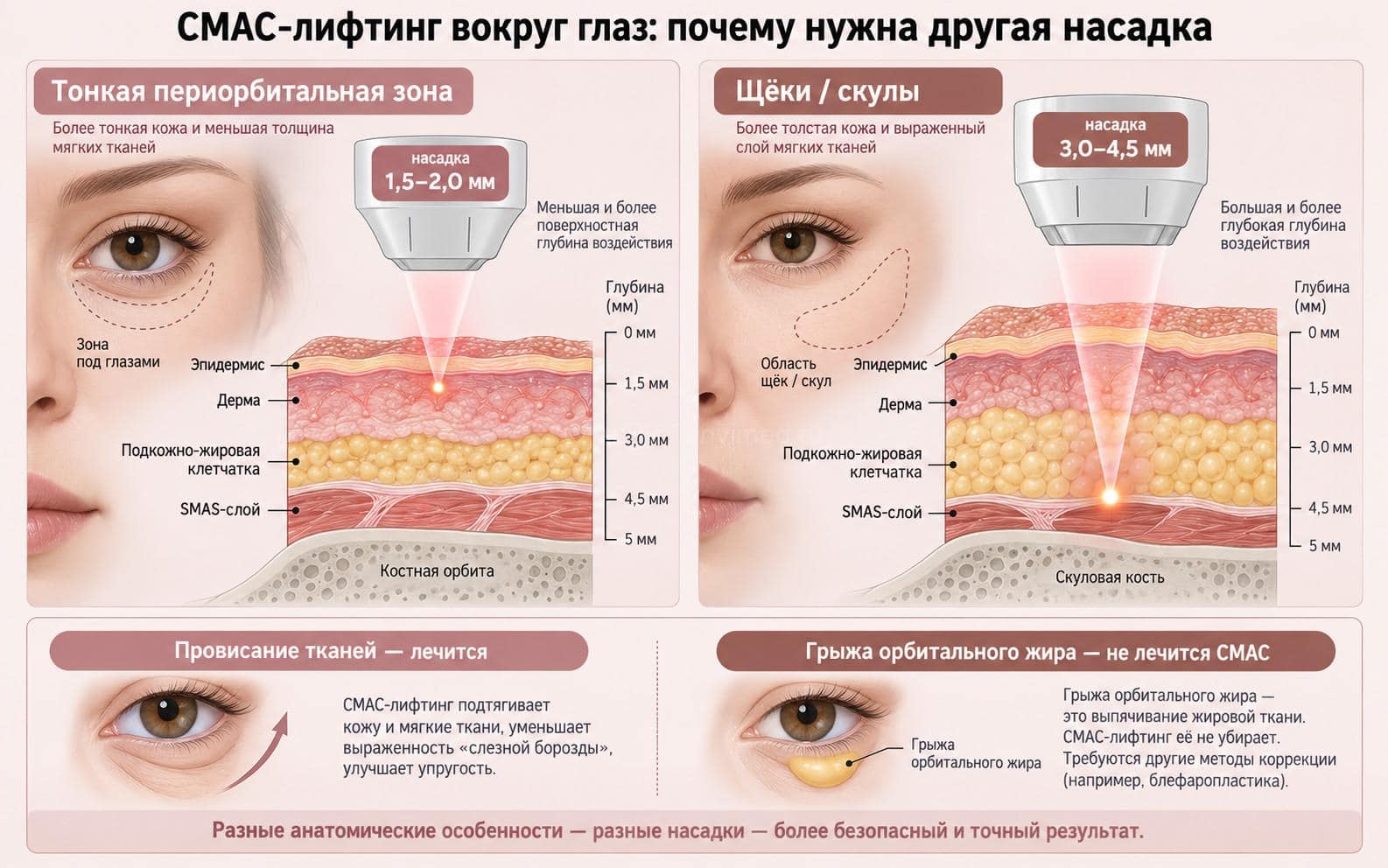 Схема: разные насадки для периорбитальной зоны и щёк/скул, провисание тканей против грыжи орбитального жира